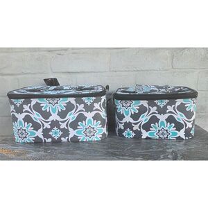 N Gil Damask Bliss Traveling Cosmetic Pouch Train Case Set of 2 Grey Teal FLAW
